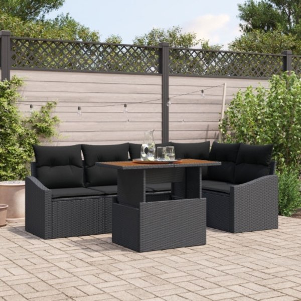 Trädgårdsoffaset Set om 6 Svart Poly Rattan, Glas