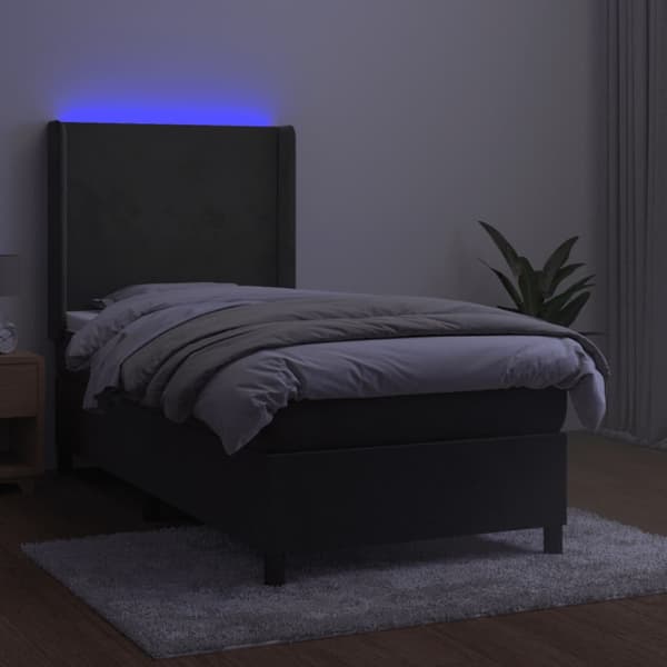 Ramsäng med madrass & LED mörkgrå 90x190 cm sammet
