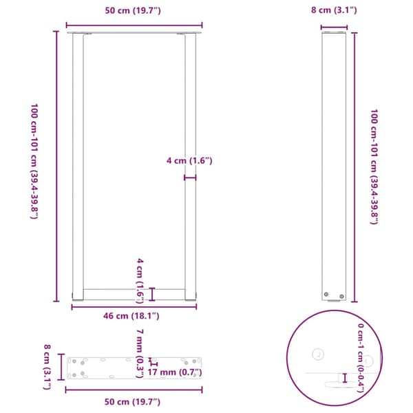 Barbordsben U-formade 2 st vita 50x(100-101) cm stål
