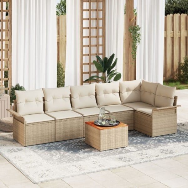 7-delars Trädgårdsoffset med dynor Beige Poly Rattan Akacia