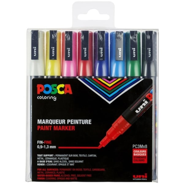 Posca - PC3M - Fine Tip Pen - Basic Colors, 8 pc