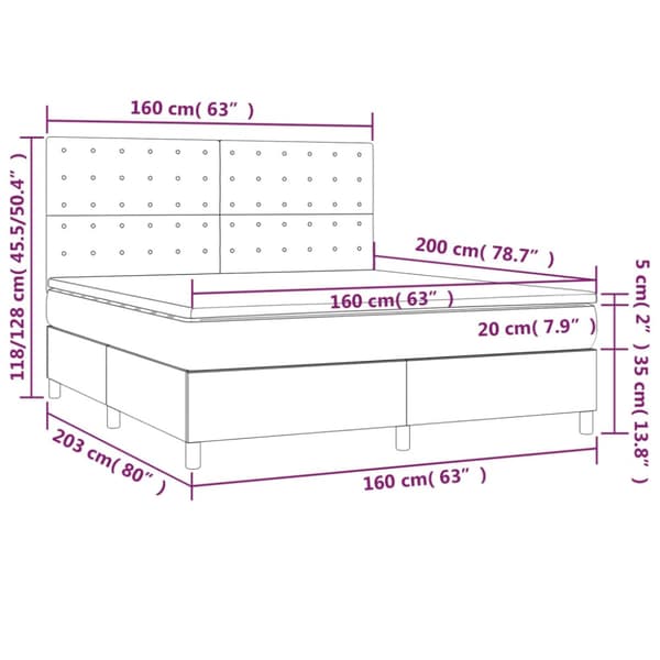 Ramsäng med madrass & LED ljusgrå 160x200 cm sammet