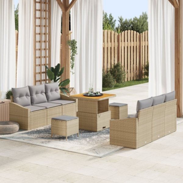 9-delat Trädgårdsoffan Set med Kuddar Beige Poly Rattan Akacia