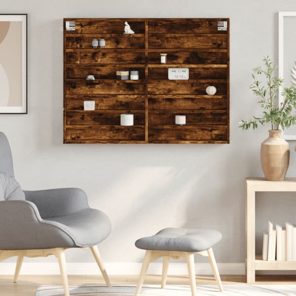 Vitrinskåp rökfärgad ek 100x8,5x75 cm konstruerat trä