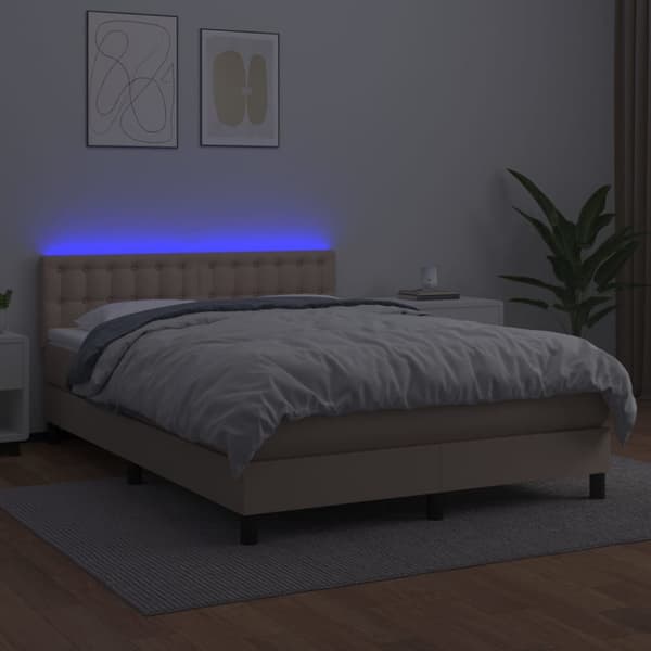 Ramsäng med bäddmadrass & LED cappuccino 140x190 cm konstläder