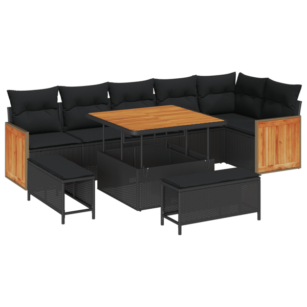 Trädgårdsoffset 9 pcs Svart Poly Rattan och Pulverlackerad Stål