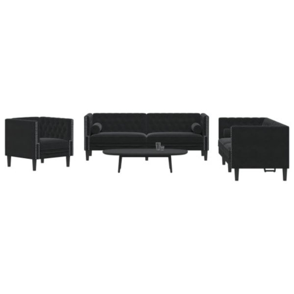 Soffgrupp chesterfield 3 delar bolsterkuddar svart sammet