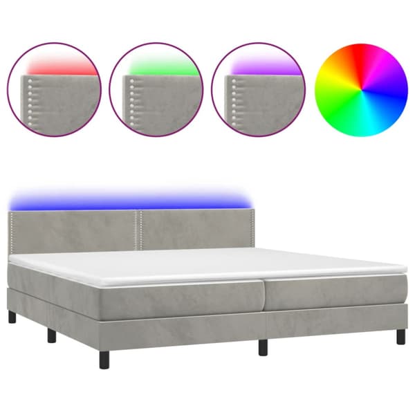 Resårsäng med madrass och LED ljusgrå 200x200 cm sammet