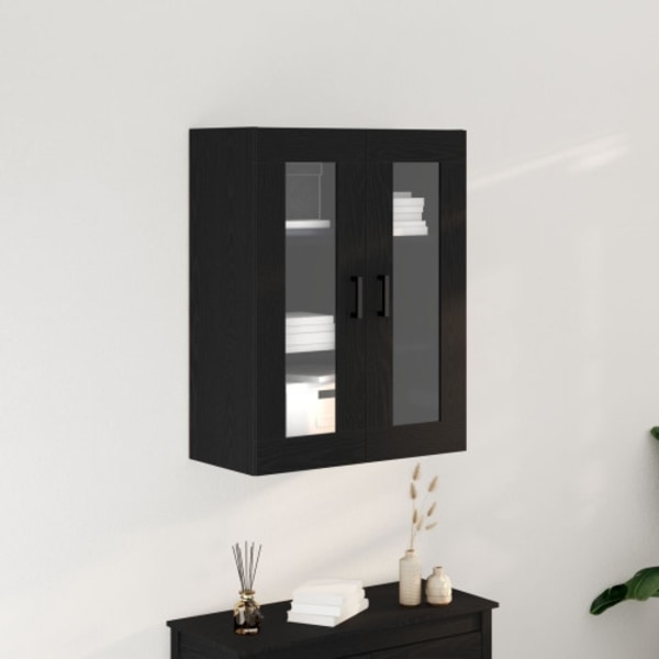 Väggmonterat Skåp med Glasdörrar Svart Ek 69.5x34x90 cm