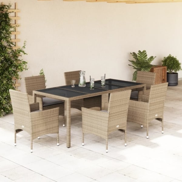 Matgrupp för trädgård med dynor 7 delar beige konstrotting&glas