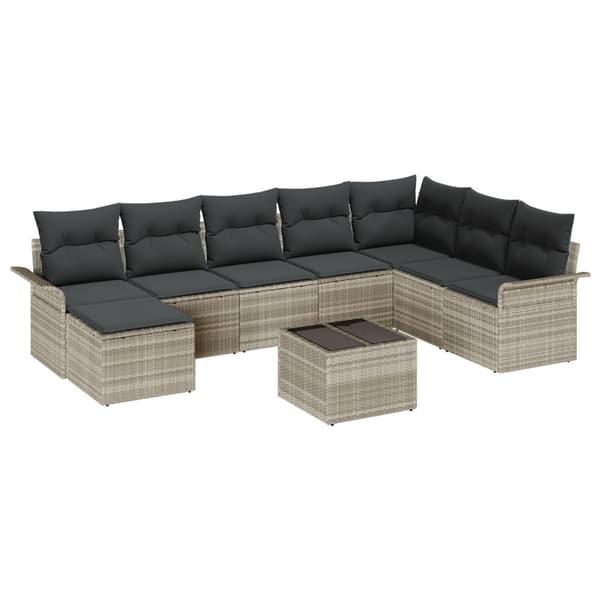 Trädgårdsoffset med kudde 9 pcs Ljusgrå Poly rattan