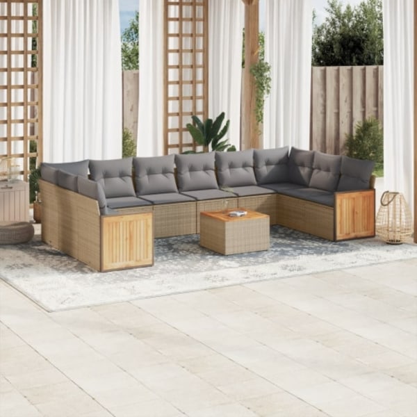 Loungegrupp för trädgården m. dynor 11 delar beige konstrotting