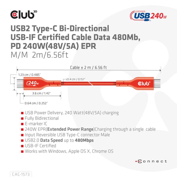 Club 3D - USB typ C-kabel - USB-C till USB-C - 2 m