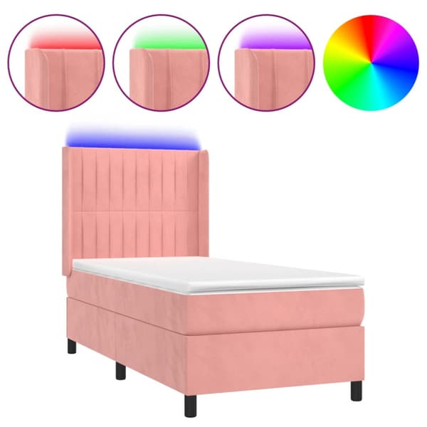 Ramsäng med madrass rosa & LED 90x200 cm sammet