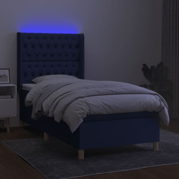 Ramsäng med madrass & LED blå 90x200 cm tyg