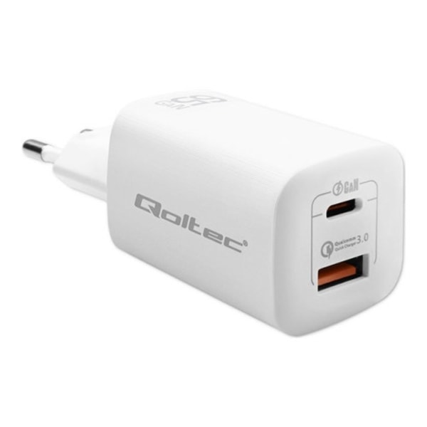 Qoltec GaN ULTRA - strömadapter - 2.25-3.25A, 5-20V, USB typ C PD, USB QC 3.0 - 65 Watt Vit