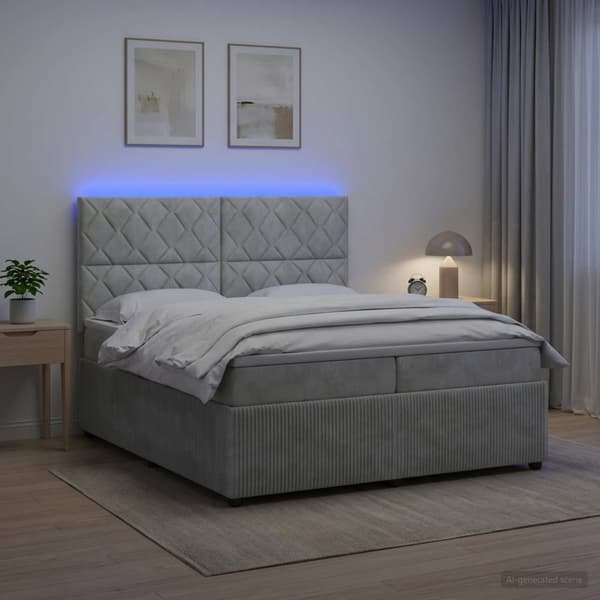 LED sängram med madrass Ljusgrå 200 x 200 cm Sammet