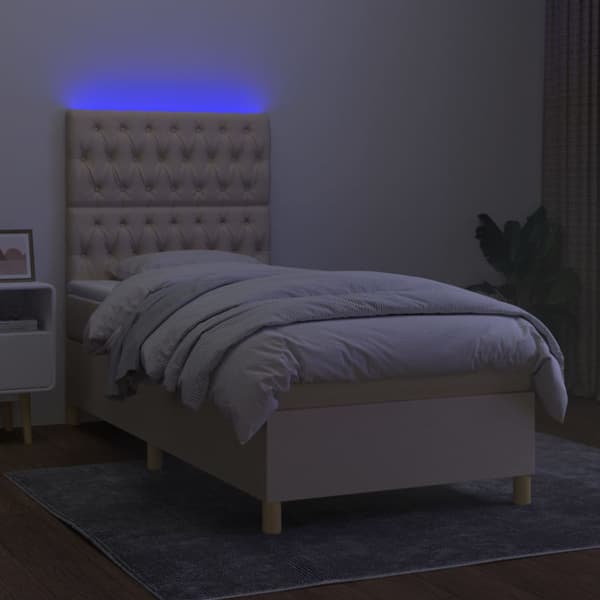 Ramsäng med madrass & LED gräddvit 80x200 cm tyg