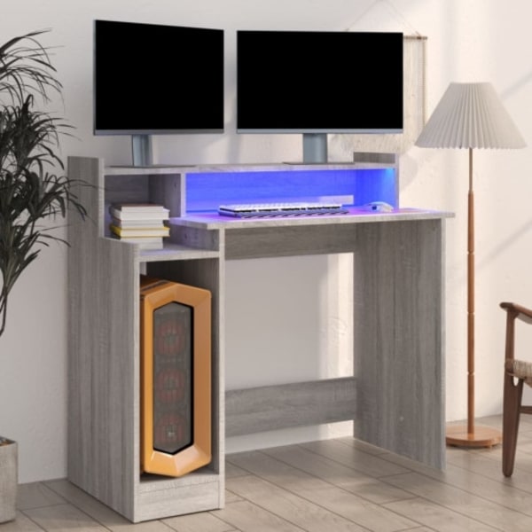 Skrivbord med LED grå sonoma 97x45x90 cm konstruerat trä