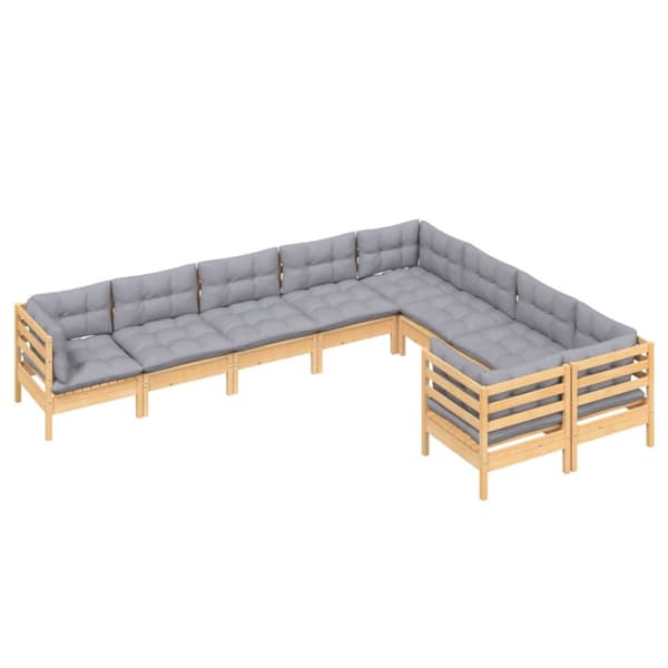 Loungegrupp med grå dynor 9 delar massiv furu