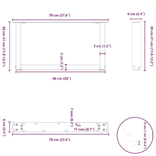 Soffbordsben U-formade 2 st svarta 70x(30-31) cm stål