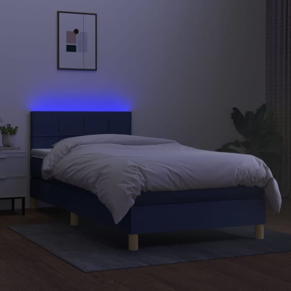 Ramsäng med madrass & LED blå 90x200 cm tyg