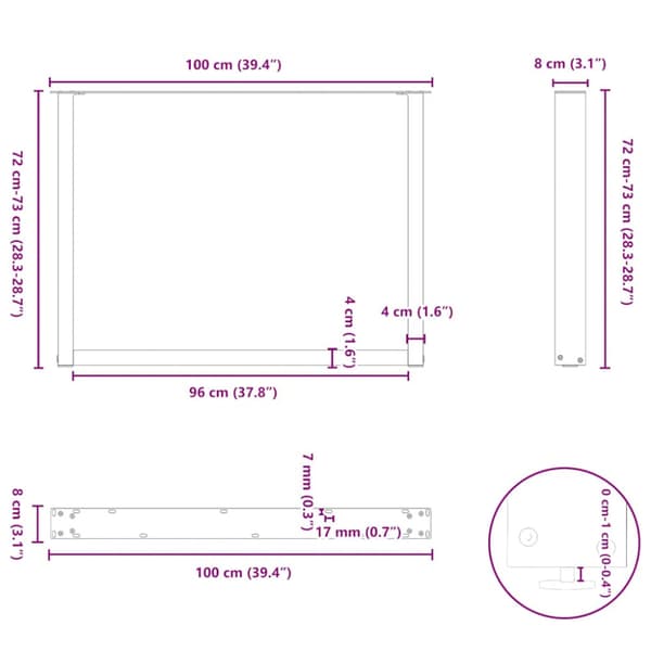 Matbordsben U-formade 2 st antracit 100x(72-73) cm stål
