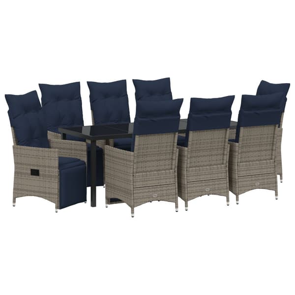 Bord- och stolset med kudde 9 pcs Grå PE Rattan