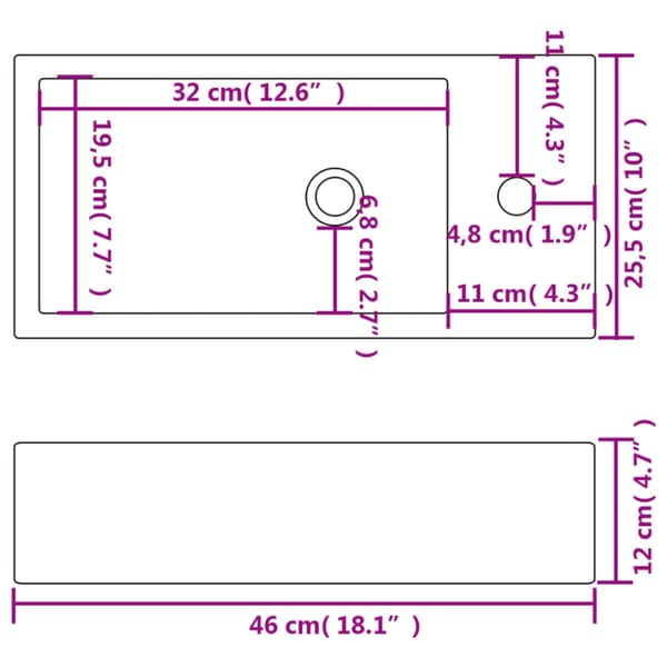 Handfat med kranhål rektangulär keramisk vit 46x25,5x12 cm