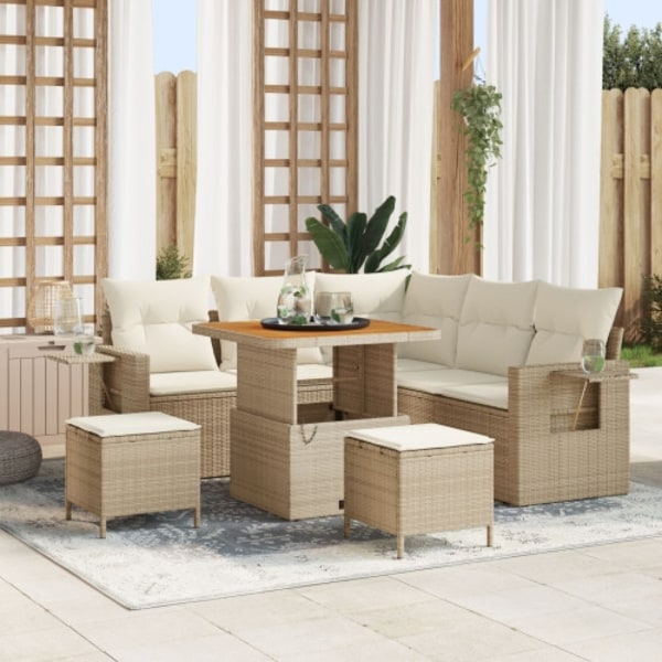 8-delad trädgårdsoffgrupp med kuddar Beige Poly Rattan Akacia