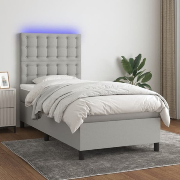 Ramsäng med madrass & LED ljusgrå 90x190 cm tyg
