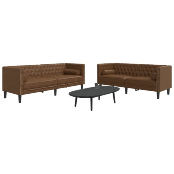 Soffgrupp chesterfield 2 delar bolsterkuddar brun konstmocka