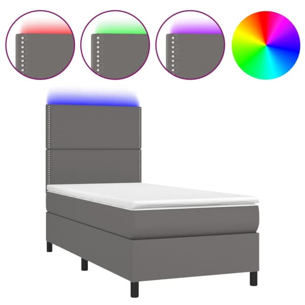 Ramsäng med madrass & LED grå 100x200 cm konstläder