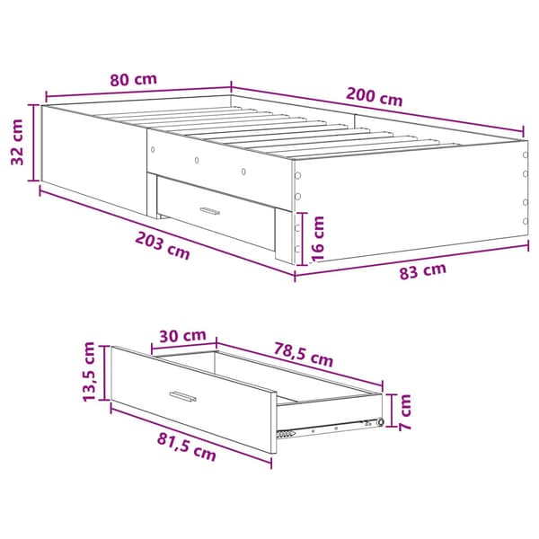 Sängram med förvaring Grå Sonoma 80 x 200 cm Konstruerat trä