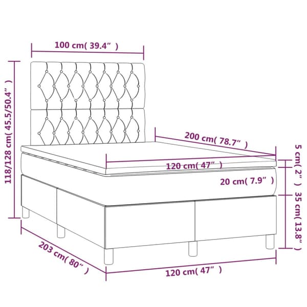 Ramsäng med madrass & LED ljusgrå 120x200 cm sammet