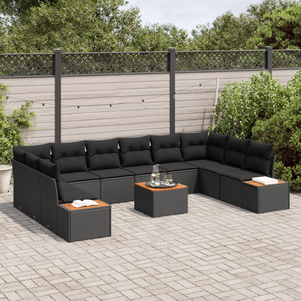 Trädgårdsoffset med kudde 11 pcs Svart Poly rattan