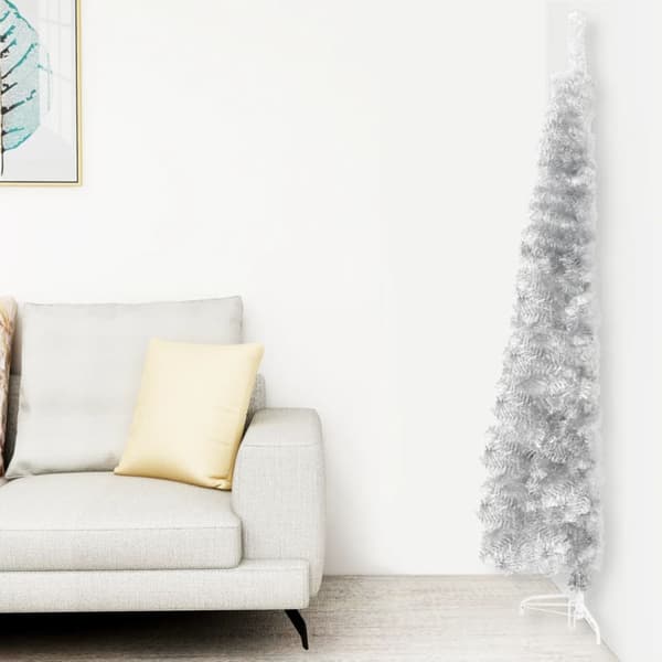 Smal halv plastgran med stativ silver 150 cm