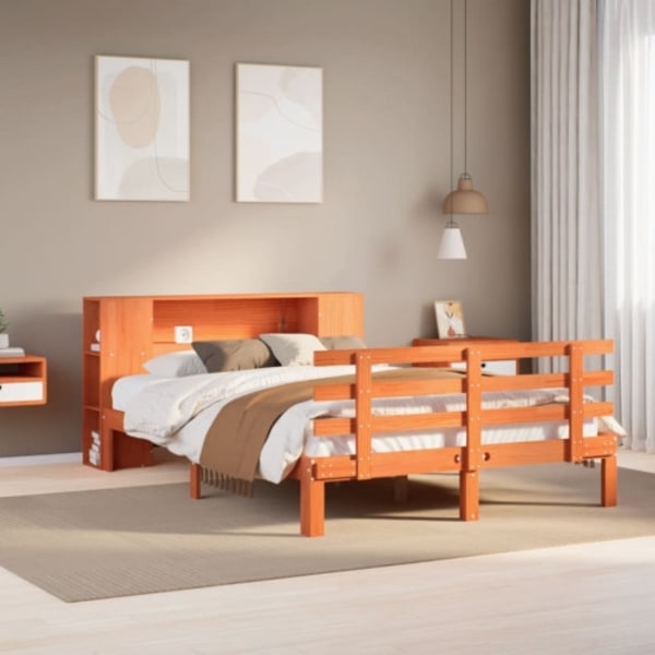 Säng med bokhylla utan madrass vaxbrun 140x190cm massiv furu