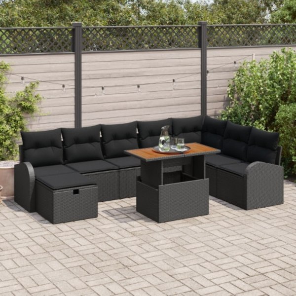 9 Delar Trädgårdsoff-set med Kuddar Svart Poly Rattan