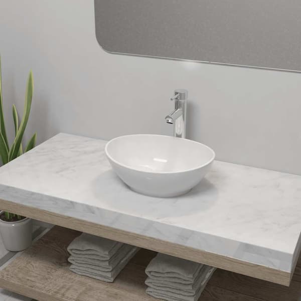 Handfat med blandare keramik oval vit