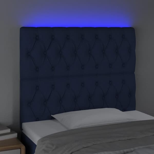 Sänggavel LED blå 100x7x118/128 cm tyg