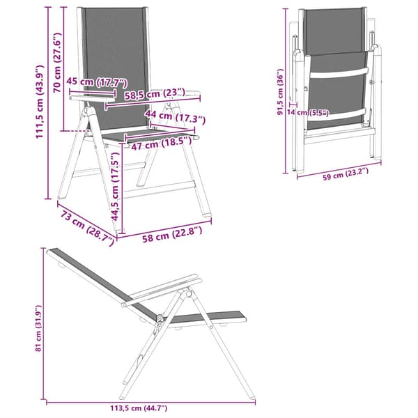 Fällbara trädgårdsstolar 2 pcs Svart 58 x 73 x 111,5 cm