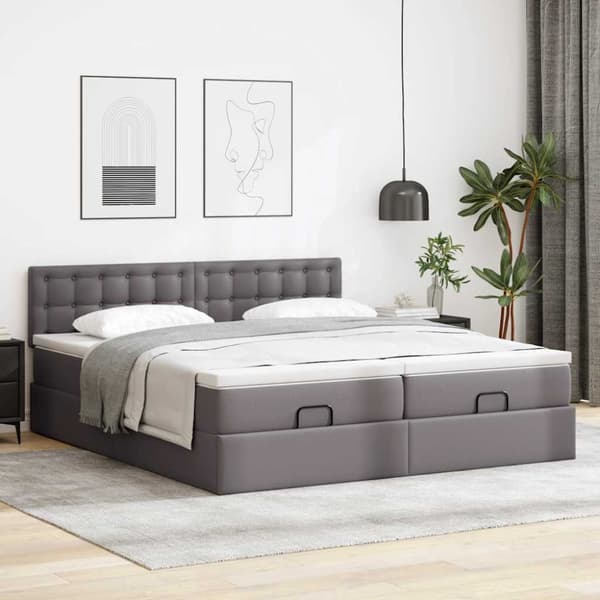 Ottoman sängram med madrasser grå 200x200 cm konstläder