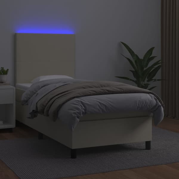Ramsäng med madrass & LED gräddvit 90x190 cm konstläder
