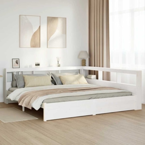 Säng med bokhylla utan madrass vit 180x200cm massiv furu