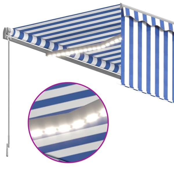 Manuell infällbar markis med rullgardin&LED 3,5x2,5m blå&vit