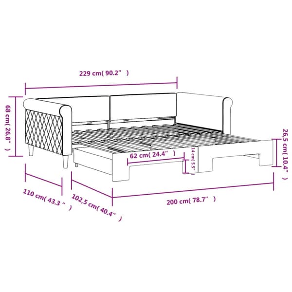 Dagbädd utdragbar rosa 100x200 cm sammet