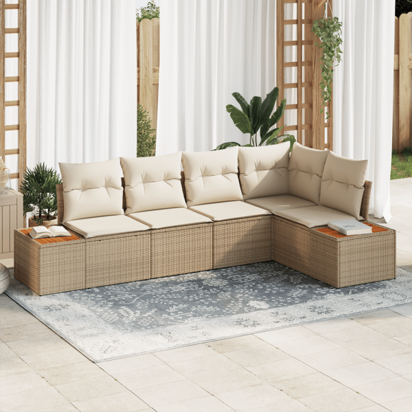 Trädgårdsoffset med kudde 5 pcs beige och gräddvit Poly rattan