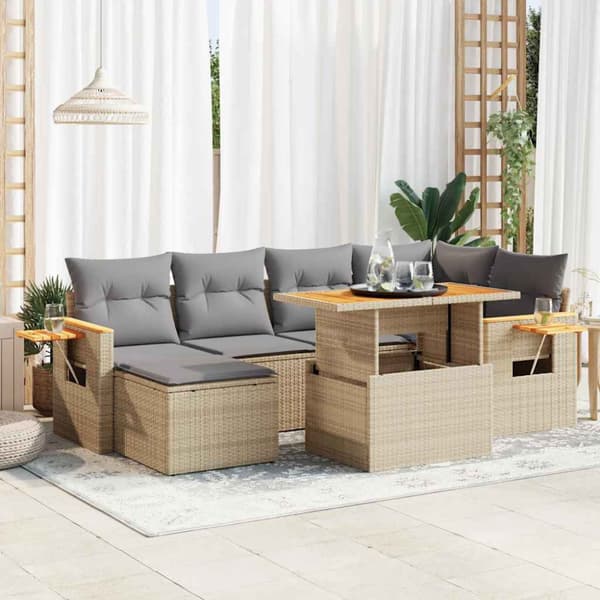 Trädgårdssoffset med dynor 7 delar beige konstrotting akaciaträ
