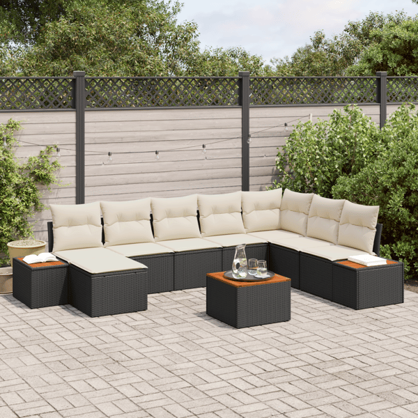 Trädgårdsoffset med kudde 9 pcs Svart och kräm Polyrattan